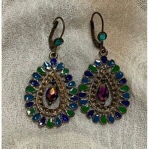 Pier 1 Imports Drop Gold Tone Earrings with Peacock Colors